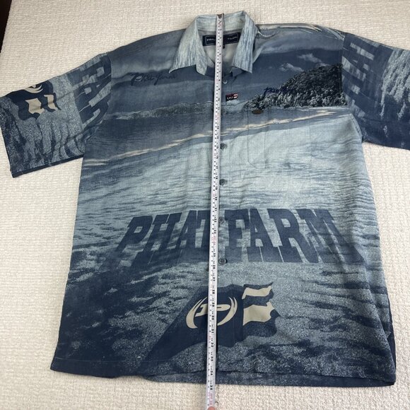 Vintage Phat Farm AOP Sea Coast Line Button Shirt Mens 2XL Streetwear Blue Y2K - Picture 12 of 16
